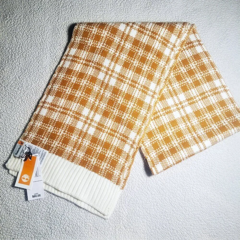 NWT! Timberland Women's White/Mustard Brown Plaid Knit Scarf